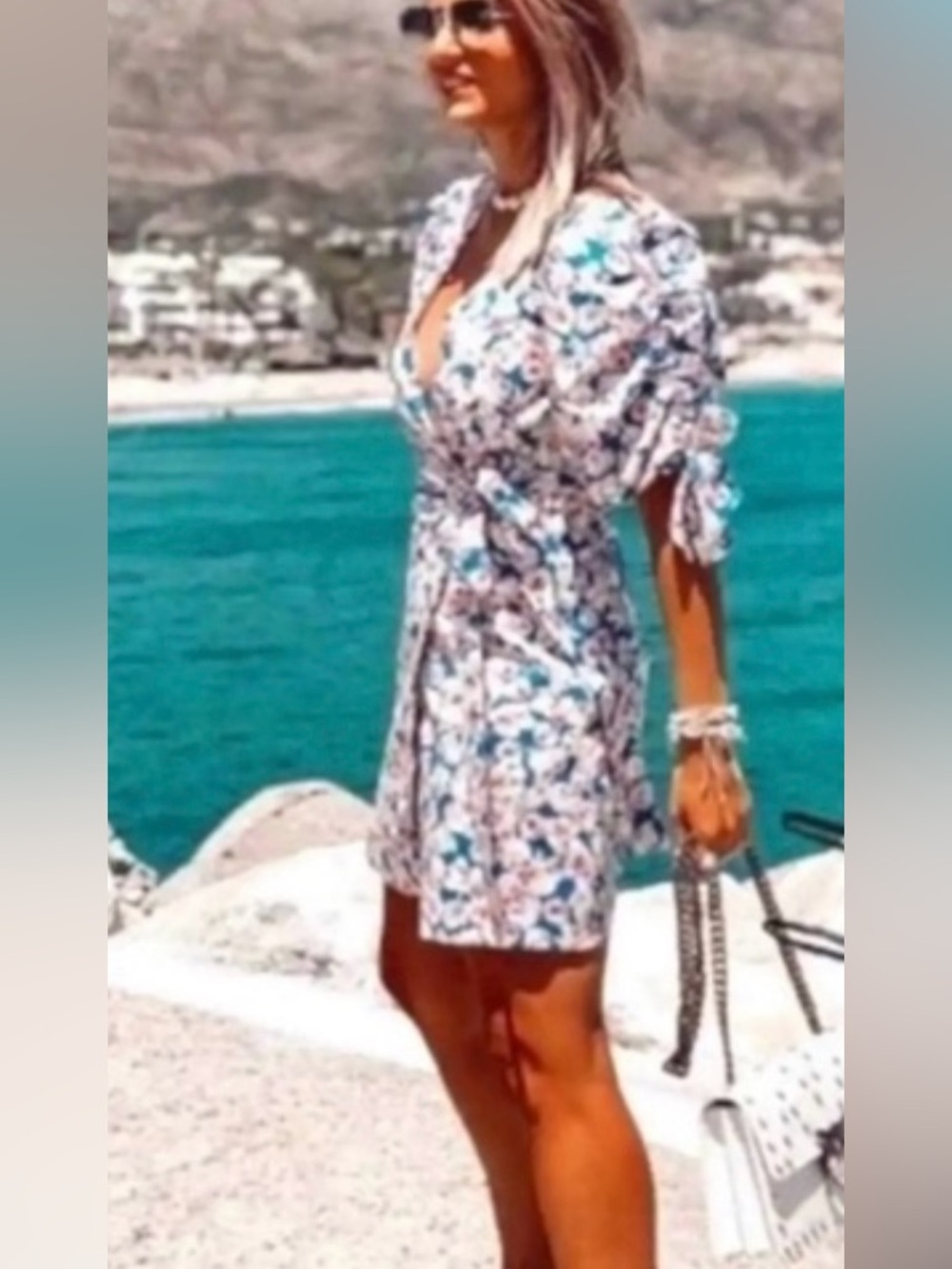 Zara Dress Floral Blue White Puff Sleeves V Neck Wrap Dress size small